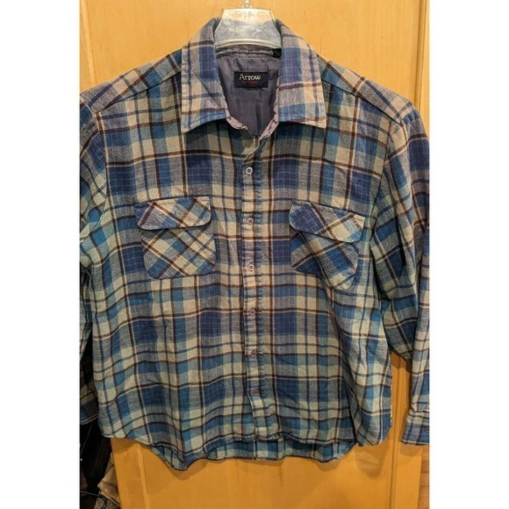 Vintage Men's Shirt Arrow Large Plaid Flannel 100% Acrylic Button Front